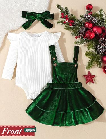 SEAUR Newborn Baby Girl Outfits Long Sleeve Ribbed Romper Corduroy Suspender Skirt Overall 3 Piece Christmas Set for Baby in Saudi Arabia