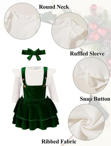 SEAUR Newborn Baby Girl Outfits Long Sleeve Ribbed Romper Corduroy Suspender Skirt Overall 3 Piece Christmas Set for Baby in Saudi Arabia