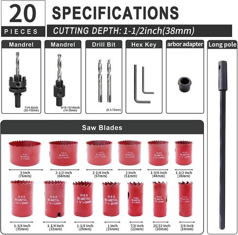Hole Saw Set LAIWEI 16PCS, 2 Mandrels, 1 Drill Bits, 1 Installation Plate, 1 Hex Key, Max Size 5" and Min Size 3/4", Ideal for Soft Wood, Plywood, Drywall, PVC in Saudi Arabia