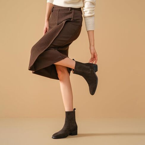 BEAU TODAY Chelsea Boots Women, Suede Chunky Boots for Women, Dress Ankle Booties Low Heel, Slip On Pointed Toe Western Boots with Elastic Band in Saudi Arabia
