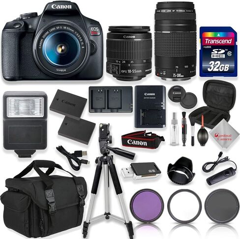 كاميرا Canon EOS Rebel T7 DSLR مع عدسة EF-s f/3.5-5.6 مقاس 18-55 مم II وعدسة EF مقاس 75-300 مم f/4-5.6 III + ذاكرة عالية السرعة سعة 32 جيجابايت + حقيبة كتف + حامل ثلاثي القوائم + حزمة ملحقات كاملة in Saudi Arabia