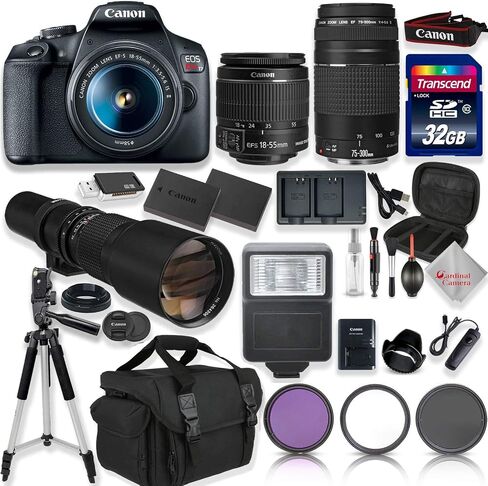 كاميرا Canon EOS Rebel T7 DSLR مع عدسة EF-s مقاس 18-55 مم f/3.5-5.6 II وعدسة EF مقاس 75-300 مم f/4-5.6 III + عدسة محددة مسبقًا مقاس 500 مم + ذاكرة عالية السرعة سعة 32 جيجابايت + حقيبة كتف + حامل ثلاثي القوائم + حزمة ملحقات كاملة in Saudi Arabia