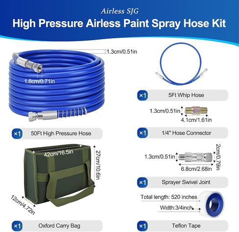 50Ft x 1/4" Airless Paint Sprayer Hose,High Pressure Airless Paint Spray Hose Kit with 5Ft Whip Hose,1/4" Hose Connector,Swivel Joint,PTFE Tape &Carrying Bag for Airless Spraying Machine (50 FT) in Saudi Arabia