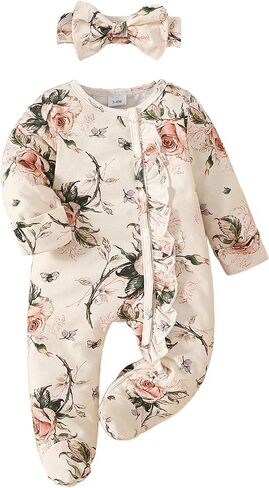 Yvowming Newborn Baby Girl Clothes Ruffle Jumpsuit Romper Infant Coming Home Outfit for Baby Girl in Kuwait