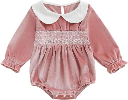 Baby Girl Christmas Outfit Velvet Bow Smocked Bubble Romper Ruffle Onesie Bodysuit Infant Fall Winter Clothes in Saudi Arabia
