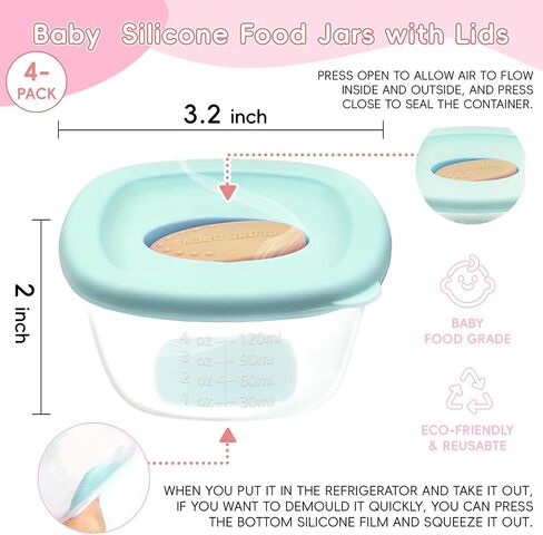 4 Pack Baby Food Storage Containers 4 oz, Baby Silicone Food Jars with Ventilation Valve, Snack Containers with Leak Proof Sealing Lid Microwave Safe, Suitablefor Nurseries, Schools and Travel in Saudi Arabia