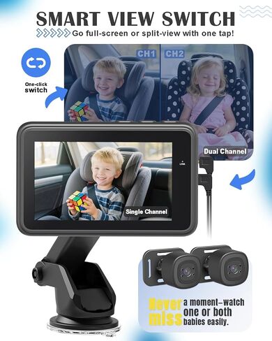 Baby Car Camera for 2 Kids - 4.3" Dual Channel Car Baby Monitor with Split Screen,Night Vision, Wide View, Easy Install Rear Facing Backseat Camera for Baby in Saudi Arabia