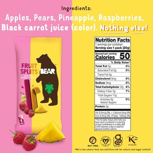 BEAR Real Fruit Snack Splits - Gluten Free, Vegan, and Non-GMO - Raspberry and Pineapple – Healthy School And Lunch Snacks For Kids And Adults, 0.7 Ounce (Pack of 18) in Saudi Arabia