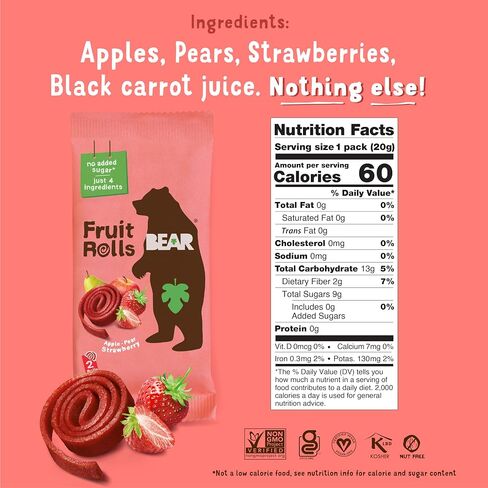 BEAR Real Fruit Snack Splits - Gluten Free, Vegan, and Non-GMO - Raspberry and Pineapple – Healthy School And Lunch Snacks For Kids And Adults, 0.7 Ounce (Pack of 18) in Saudi Arabia