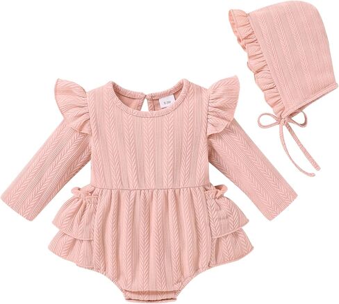 YOUNGER TREE Baby Girl Clothes Long Sleeve Ruffle Romper Infant Fall Winter Outfits with Hat Cute Jumpsuit Bodysuit in Saudi Arabia