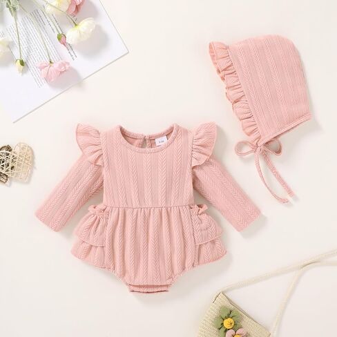 YOUNGER TREE Baby Girl Clothes Long Sleeve Ruffle Romper Infant Fall Winter Outfits with Hat Cute Jumpsuit Bodysuit in Saudi Arabia
