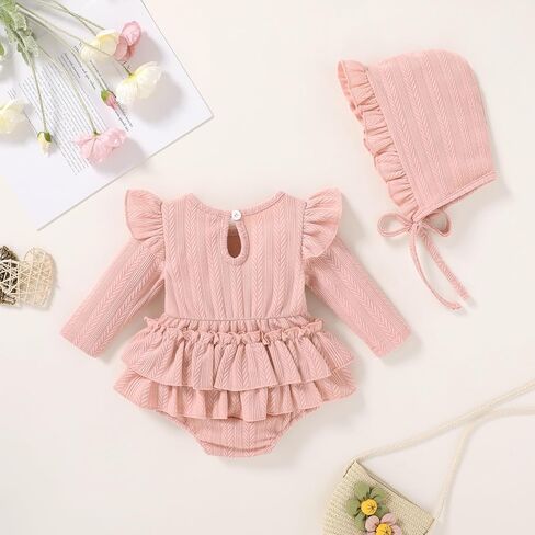 YOUNGER TREE Baby Girl Clothes Long Sleeve Ruffle Romper Infant Fall Winter Outfits with Hat Cute Jumpsuit Bodysuit in Saudi Arabia