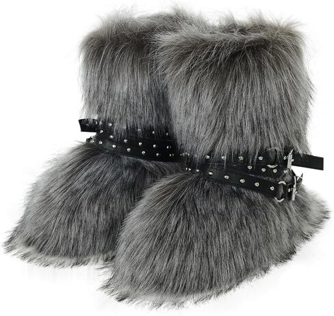 Fur Boots Stylish and Warm Fluffy Boots Mid Calf Snow Boots Winter Outdoor Indoor Flats in Saudi Arabia
