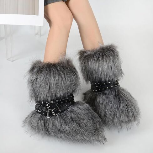Fur Boots Stylish and Warm Fluffy Boots Mid Calf Snow Boots Winter Outdoor Indoor Flats in Saudi Arabia