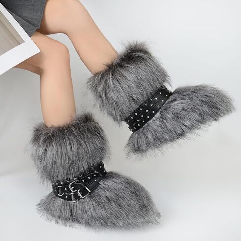 Fur Boots Stylish and Warm Fluffy Boots Mid Calf Snow Boots Winter Outdoor Indoor Flats in Saudi Arabia