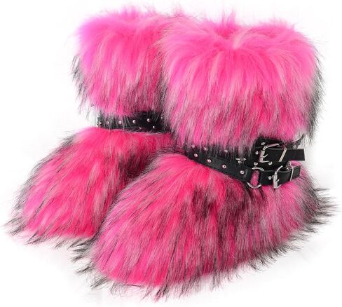 Fur Boots Stylish and Warm Fluffy Boots Mid Calf Snow Boots Winter Outdoor Indoor Flats in Saudi Arabia