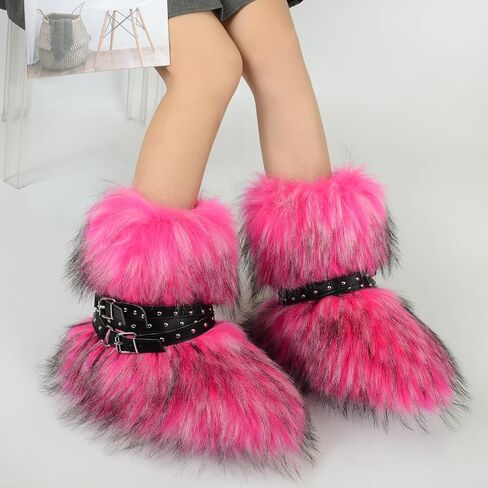 Fur Boots Stylish and Warm Fluffy Boots Mid Calf Snow Boots Winter Outdoor Indoor Flats in Saudi Arabia