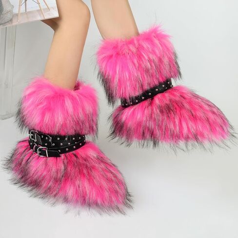 Fur Boots Stylish and Warm Fluffy Boots Mid Calf Snow Boots Winter Outdoor Indoor Flats in Saudi Arabia