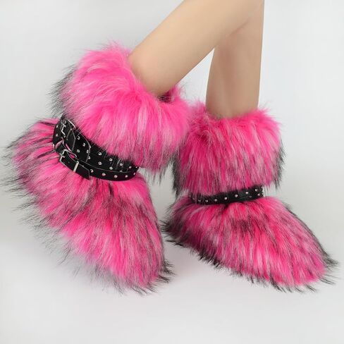 Fur Boots Stylish and Warm Fluffy Boots Mid Calf Snow Boots Winter Outdoor Indoor Flats in Saudi Arabia
