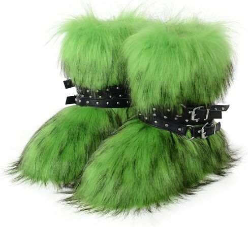 Fur Boots Stylish and Warm Fluffy Boots Mid Calf Snow Boots Winter Outdoor Indoor Flats in Saudi Arabia