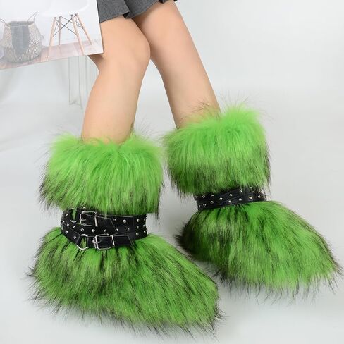 Fur Boots Stylish and Warm Fluffy Boots Mid Calf Snow Boots Winter Outdoor Indoor Flats in Saudi Arabia