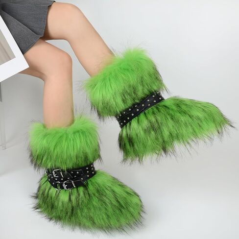 Fur Boots Stylish and Warm Fluffy Boots Mid Calf Snow Boots Winter Outdoor Indoor Flats in Saudi Arabia