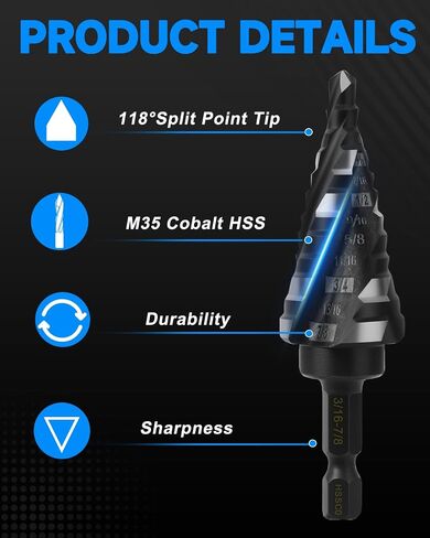M35 Cobalt Step Drill Bit for Metal, Carbon Steel, Stainless Steel, Wood, Plastic,3 PCS, 1/8"-7/8" in Saudi Arabia