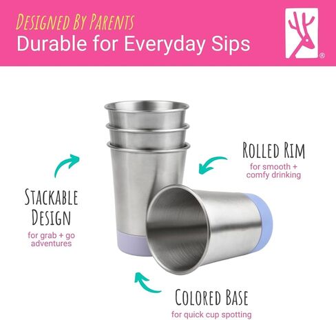 Elk and Friends Stainless Steel Kids + Toddler Drinking Cups | 12oz Tumblers with Colored Base | Durable + Stackable | Travel, Camping + Outdoors | Dishwasher Safe | 4 Pack in Saudi Arabia