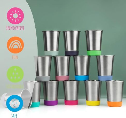 Elk and Friends Stainless Steel Kids + Toddler Drinking Cups | 12oz Tumblers with Colored Base | Durable + Stackable | Travel, Camping + Outdoors | Dishwasher Safe | 4 Pack in Saudi Arabia