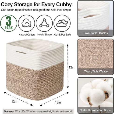 13x13x13 inch Cube Storage Bin, 3-Pack Woven Cotton Rope Baskets for Organizing, 13 inch Square Storage Cubes for Shelves, Cute Kids Toy Bin Box, Baby Nursery Decorative Closet Organizer in Kuwait