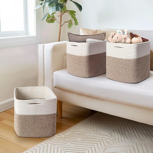 13x13x13 inch Cube Storage Bin, 3-Pack Woven Cotton Rope Baskets for Organizing, 13 inch Square Storage Cubes for Shelves, Cute Kids Toy Bin Box, Baby Nursery Decorative Closet Organizer in Kuwait