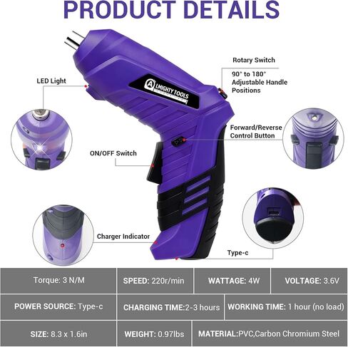 Electric Screwdriver Cordless, 3.6V Cordless Screwdriver Rechargeable, 47Pcs Small Power Screwdriver Set with Pivoting Handle and LED Light, 3Nm Battery Screw Gun for DIY Enthusiasts in Saudi Arabia