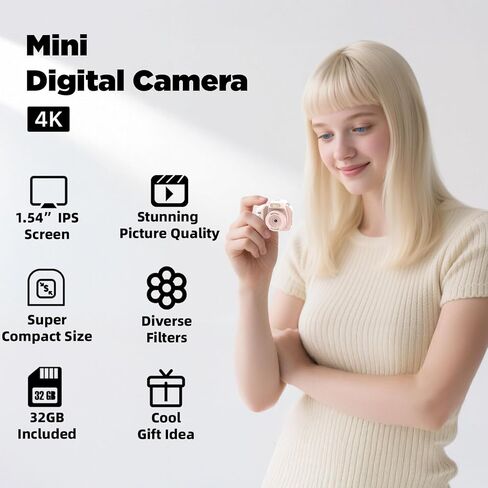 كاميرا سلسلة مفاتيح صغيرة بدقة 4K - كاميرا رقمية صغيرة - حجم جيب صغير الحجم 16 ميجابكسل CMOS 1.54 بوصة شاشة LCD كبيرة الحجم صغير الحجم 32 جيجابايت متضمنة فكرة السفر (وردي) in Kuwait