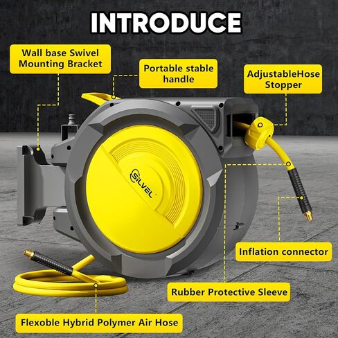 SILVEL Retractable Air Hose Reel, 3/8 in x 80FT Hybrid Hose Max 300PSI, Air Compressor Hose Reel with 6.5Ft Lead in, Auto-Rewind & 180° Swivel Bracket, Ceiling/Wall Mount for Garage, Workshop, DIY in Saudi Arabia