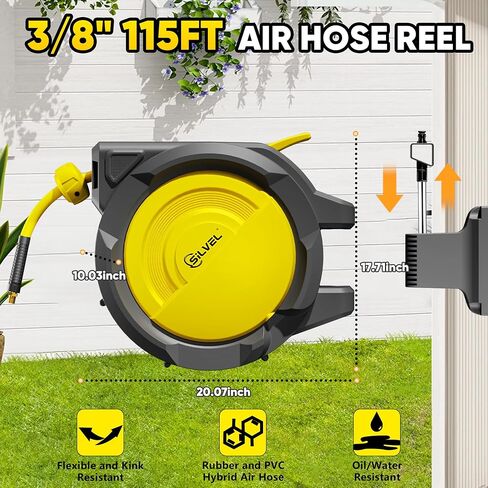 SILVEL Retractable Air Hose Reel, 3/8 in x 80FT Hybrid Hose Max 300PSI, Air Compressor Hose Reel with 6.5Ft Lead in, Auto-Rewind & 180° Swivel Bracket, Ceiling/Wall Mount for Garage, Workshop, DIY in Saudi Arabia
