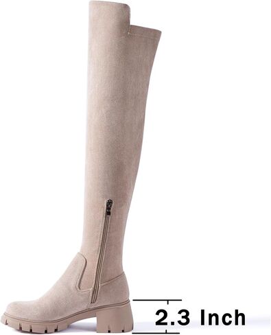 N.N.G Over The Knee Combat Boots, Black Brown Beige Suede, Platform Lug Sole with 2 Inch Heel, Side Zipper for Women, Streetwear Fashion in Kuwait