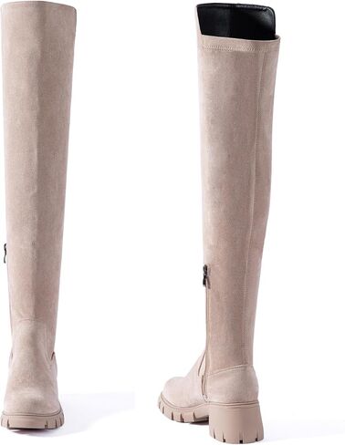 N.N.G Over The Knee Combat Boots, Black Brown Beige Suede, Platform Lug Sole with 2 Inch Heel, Side Zipper for Women, Streetwear Fashion in Kuwait