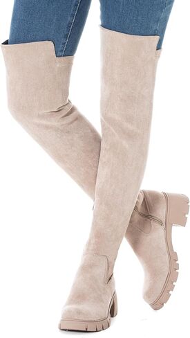 N.N.G Over The Knee Combat Boots, Black Brown Beige Suede, Platform Lug Sole with 2 Inch Heel, Side Zipper for Women, Streetwear Fashion in Kuwait