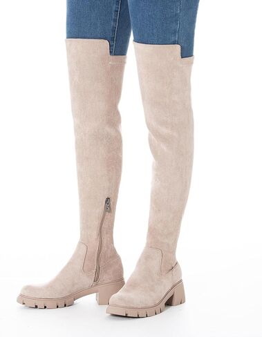 N.N.G Over The Knee Combat Boots, Black Brown Beige Suede, Platform Lug Sole with 2 Inch Heel, Side Zipper for Women, Streetwear Fashion in Kuwait