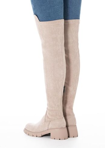 N.N.G Over The Knee Combat Boots, Black Brown Beige Suede, Platform Lug Sole with 2 Inch Heel, Side Zipper for Women, Streetwear Fashion in Kuwait