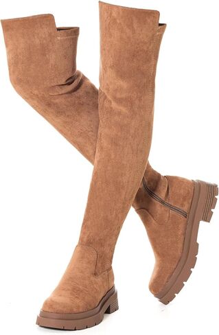 N.N.G Over The Knee Combat Boots, Black Brown Beige Suede, Platform Lug Sole with 2 Inch Heel, Side Zipper for Women, Streetwear Fashion in Kuwait