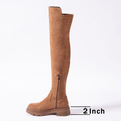 N.N.G Over The Knee Combat Boots, Black Brown Beige Suede, Platform Lug Sole with 2 Inch Heel, Side Zipper for Women, Streetwear Fashion in Kuwait