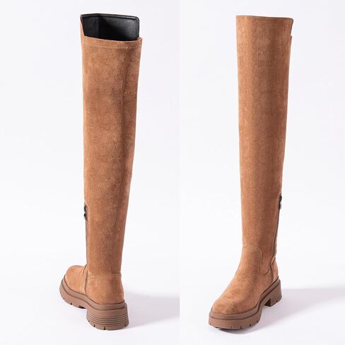N.N.G Over The Knee Combat Boots, Black Brown Beige Suede, Platform Lug Sole with 2 Inch Heel, Side Zipper for Women, Streetwear Fashion in Kuwait