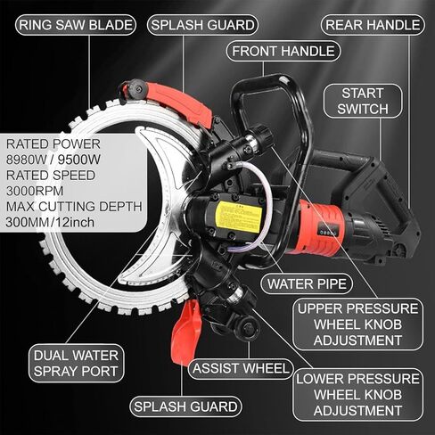 منشار خرسانة كهربائي 16 بوصة مع شفرتين، 9500 وات/12000 وات منشار حلقي للخرسانة آلة قطع حائط حلقية مع قمع الغبار المغذي بالماء للجرانيت والبورسلين والطوب والرخام 12000 وات in Kuwait