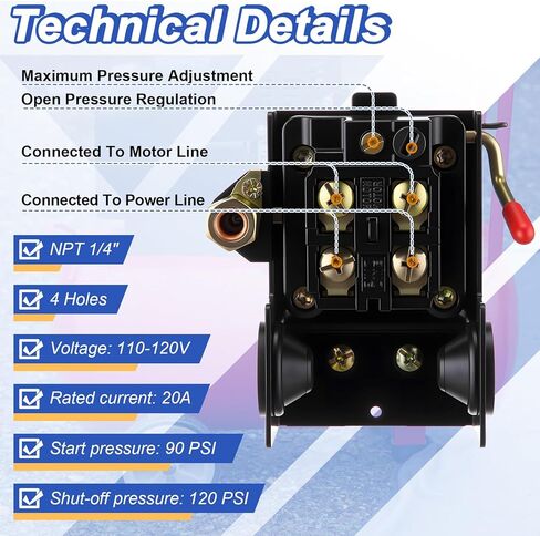 Dreyoo Air Compressor Pressure Switch 90-120 4-Port 20 Amp with 0-200 PSI Gauge and 200 PSI Safety Relief Valve, 1/4" NPT Replacement Pressure Switch Parts for Air Compressor in Kuwait