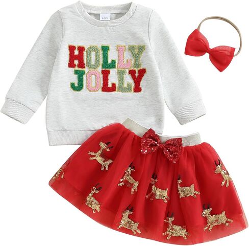 Christmas Toddler Girl Outfit Long Sleeve Sweatshirt Pullover Elk Tutu Dress Kids Fall Winter Clothes Skirt Set in Saudi Arabia
