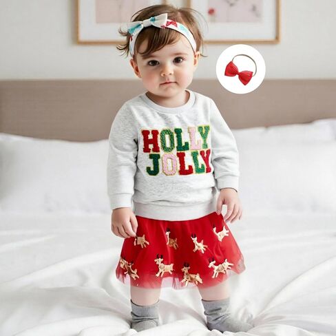 Christmas Toddler Girl Outfit Long Sleeve Sweatshirt Pullover Elk Tutu Dress Kids Fall Winter Clothes Skirt Set in Saudi Arabia
