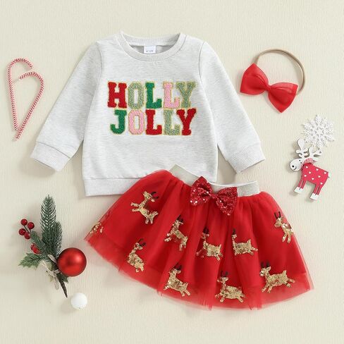 Christmas Toddler Girl Outfit Long Sleeve Sweatshirt Pullover Elk Tutu Dress Kids Fall Winter Clothes Skirt Set in Saudi Arabia
