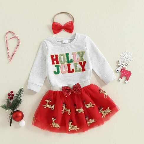 Christmas Toddler Girl Outfit Long Sleeve Sweatshirt Pullover Elk Tutu Dress Kids Fall Winter Clothes Skirt Set in Saudi Arabia