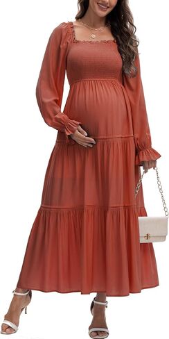 Women's Fall Long Sleeve Maternity Maxi Dress Flowy Tiered A Line Photoshoot Baby Shower Dress in Saudi Arabia